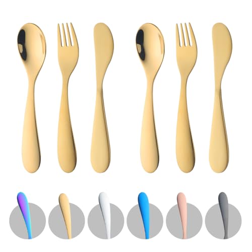 Image of 6 Piece Toddler Utensils, Kids Stainless Steel Silverware Set,2 Children Safe Forks + 2 baby spoons + 2 toddler knife,Mirror Polished,Gentle On Gums & Teeth, Dishwasher Safe (Gold)