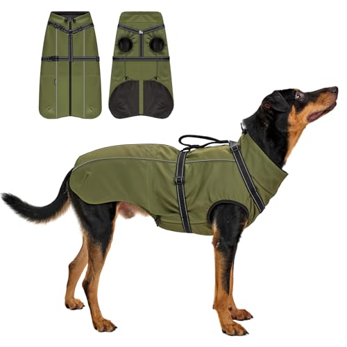 OneTigris Hundejacke, Wasserdichter Winterweste Jacken Hundemantel Mit Bediengriff, Bequeme Ausscheidung, Reißverschluss und Elastisches Design, Einfaches An-und Ausziehen, Reflektierend,M,Armeegrün