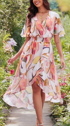 Image of Kormei Womens Short Sleeve Floral Maxi Dress High Low V-Neck Flowy Party Long Dresses