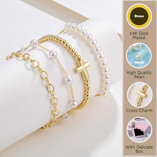 Pearl Bracelets for Women, 14K Gold Plated Beaded Jewelry Sets With Cross Charm Chain, Dainty Trendy Gifts3