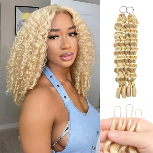613 Blonde Human Crochet Hair for Black Women 16 Inch Burmese Curly Deep Wave Bundles 50 Strands 50g Pre-Separated Feather Crochet Human Hair Extensions Invisible Miracle Knots