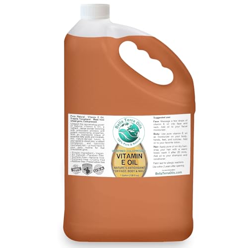 Bella Terra Oils Pure Vitamin E Oil, All Natural, d-Alpha Tocopherol – 1 Gallon, Derived from Wheat Germ, Supports Skin & Hair Health