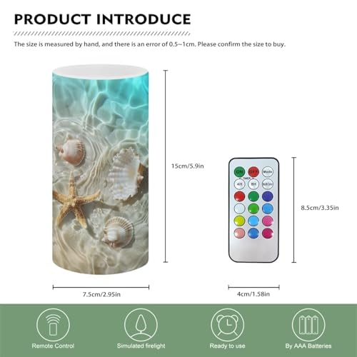 Image of Poceacles Beach Starfish Seashell Flameless Candle Battery Powered with Remote Control 12 Colors 4 /8 Hours Timer LED Night Lights Pillar Candle Tealights Beach Themed Home Decor