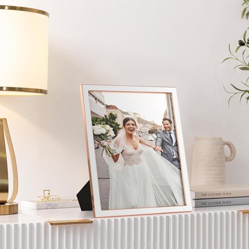 Image of eletecpro 8x10 Enamel Picture Frame with Real Glass Cover, White, 1-Pack | Tabletop or Wall Decor, Horizontal and Vertical Display, Metal Edge & Velvet Backing Design, Easy Slide-In Photo Changing
