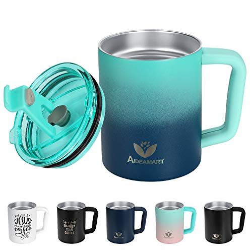 AIDEAMART Stainless Steel Insulated Coffee Mug with Handle and Lid-Patent Silicone Handle Cover and Spillproof Flip Top Lid-14 oz Double Wall Vacuum Coffee Travel Tumbler Cup Blue Gradient