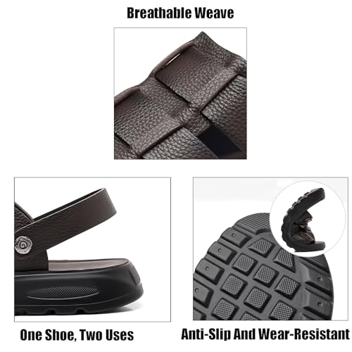 Men'S Leather Round Open Toe Platform Sandals With Adjustable Dual-Purpose Strap Slip-On Comfort Soft Bottom Anti-Slip Beach Water Slippers For Casual Walking Office Business2