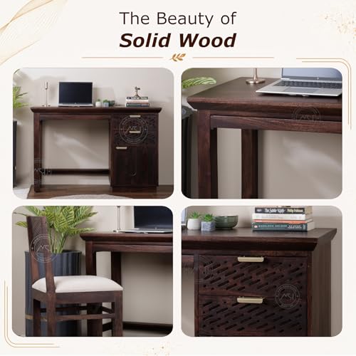 Image of NSH Solid Sheesham Wood Study Table with Chair | Wooden Writing Desk with Drawer & Door Storage | Pre-Assembled Computer Desk Workstation for Home Office & Study Room | Walnut Finish