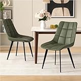 Forevich Leather Dining Chairs Set of 2,Mid Century Modern Upholstered Chair,Checkered Pattern Kitchen & Dining Room Chairs Armless with Black Metal Legs for Bedroom Green