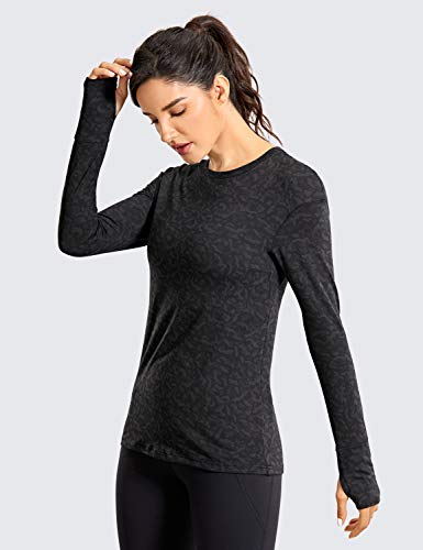 Crz Yoga Women's Long Sleeve Running Shirts With Thumbholes Stretch Breathable Athletic Base Layer Top Workout T-Shirt Leopard Multi 2 Small #TOP2