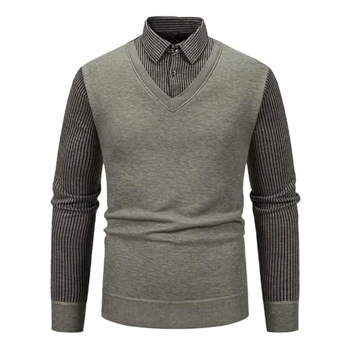 Men's Fake Two Piece Sweater Stretchy V-Neck Knitted Pullover Sweater Long Sleeve Stripe Tops Office Business Sweater3