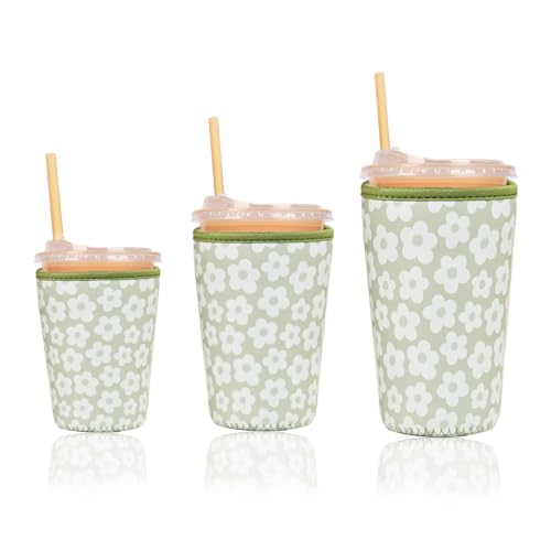 Image of Reusable Insulated Sleeve for Iced Coffee Cup, 3-Pack Coffee Neoprene Drink Sleeve for Cold & Hot Drinks, Beverage Holder for Iced Coffee (Sage Florals)