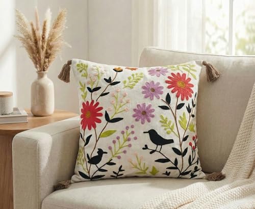 Image of Furnistitchs Handmade Cotton Bohemian Home Decor Cushion Cover 24x24 inches / 60x60 cms - Boho Chic Couch Sofa Throw Living Room Bedroom Cushions (2, Floral Birds)