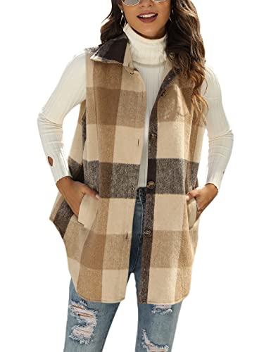 UANEO Womens Fall Flannel Plaid Vest Button Down Sleeveless Shirt Jacket with Pockets