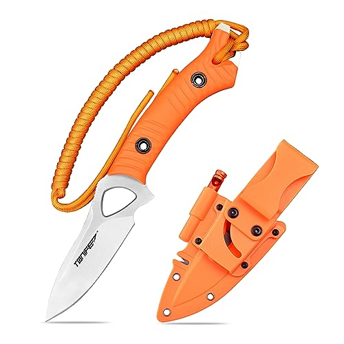 TONIFE Explorer - Cuchillo de hoja fija con funda de plástico 8Cr14MoV, cuchillo de supervivencia, mango de nailon reforzado con fibra de vidrio para acampar al aire libre EDC (naranja + satinado)