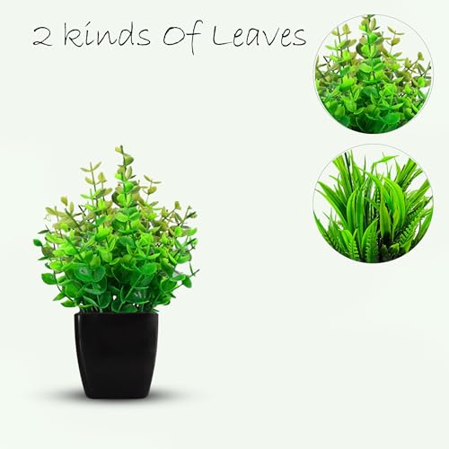 Image of Artificial Potted Plant (Pack of 2) Eucalyptus Potted Faux Decorative Plastic Plant for Home Office Living Room Bedroom Desk Indoor and Outdoor Decoration | Compact Black Pot