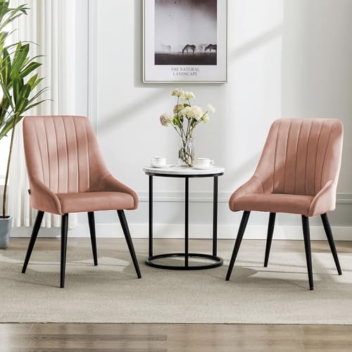Image of Finch Fox Morris Velvet Dining Chair for Living Room, Bedroom, Home Office with Black Metal Legs in Peach Color