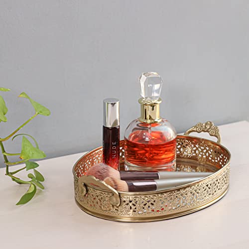 Image of Craft Brio -A TRENDY HANDICRAFTS Oval Glass Mirror Gold Plated Serving Tray with Handmade Handles Decorative Vanity Perfume Storage Pooja Wedding Gifting Trays (28 X 16 cm)