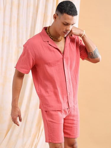 Image of The Indian Garage Co Men Regular Fit Solid Resort Wear Shirt & Boxers Co-ords Set