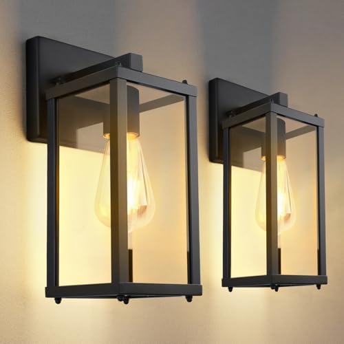 Outdoor Porch Lights Sconce: Waterproof & Stylish Exterior Lighting Fixtures, Black Wall Light with E26 Socket and Glass Shade, Modern Outdoor Lanterns for Patio & Front Door (2 Pack)