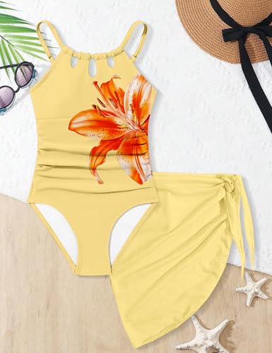 Image of KANGKANG Girls Swimsuit Quick Dry Cut Out One Piece Swimsuits with Tropical Print Cover Up Skirt Bathing Suit Swimwear 7-18Y