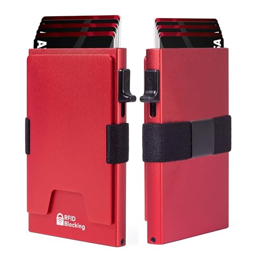 Image of Minimalist Mens Card Holder Wallet, RFID Blocking Slim Smart Pop Up Aluminum Wallet,Holds 12+ Cards,Expandable Compact Plate,Cash Strap /Money Clip (Red)