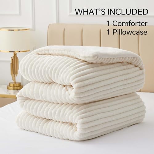 Image of BEDELITE Fleece Twin Comforter Set -Super Soft & Warm Fluffy Cream White Bedding, Luxury Fuzzy Heavy Bed Set for All Season with 1 Pillow case