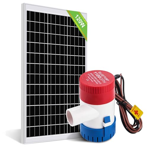 DCHOUSE Bomba de achique eléctrica de 1100 GPH, 12 V CC, bomba sumergible, bomba de agua de mar, con panel solar de 120 W para estanques, piscinas, barcos de pesca y caravanas