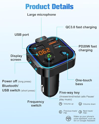 Transmisor FM Bluetooth Coche, PD 20W Adaptador inalámbrico Manos Libres para Coche Manos Libres para Coche MP3 inalámbrico de Carga rápida Tipo C QC3.0 2 Puertos USB Soporte USB y Tarjeta TF - imagen 9