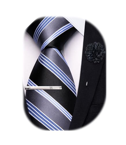 Image of Hi-Tie 63 inches Striped Paisley Extra Long Ties for Men Silk Necktie with Lapel Pin Tie Clip Big and Tall Men Formal Wedding