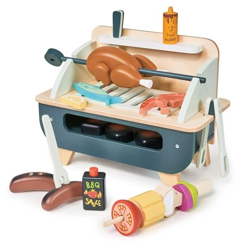 Tender Leaf Toys - Barbeque Play Set - 27 Piece Wooden Interactive Barbeque Grill Set with Pretend Play Food and Utensils for Boys and Girls - Great Role-Play Toy - Boost Fine Motor Skills - Age 3+