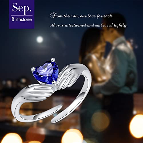 FOREVER QUEEN Heart Birthstone Ring 925 Sterling Silver Hug Ring for Women Girls Adjustable Hugging Hands Come to My Arm Embrace Ring Birthday Anniversary Valentine Mother Day Gift3