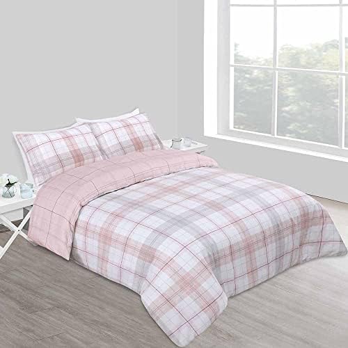 wilko Blush Check Duvet Set Double, Polycotton Washable Checked Duvet Set, 1.0cm H x 200.0cm W x 200.0cm D