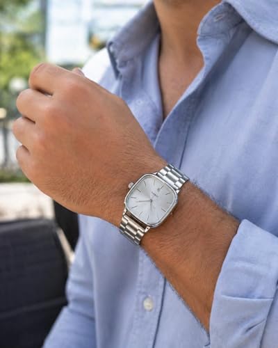 Image of Minimalist Men's Square Dial Watch with Date | Comfortable Stainless Steel Quartz Analog Wristwatch | Casual & Formal Timepiece