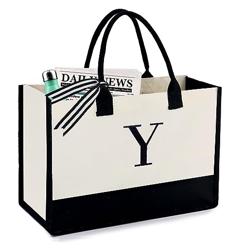Image of BeeGreen Embroidery Monogram Initial Tote Bag for Women Teacher Mom Friend Personalized Gift for Birthday Beach Work Wedding