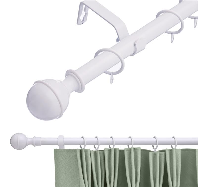 19 mm Extendable Metal Curtain Pole Rods - White (Ball Finials, 120-210 cm)