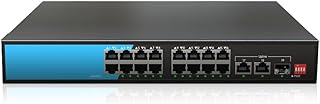 16 Port PoE Switch, 16 PoE+ 100Mbps Ports with 2 Gigabit Uplink Ethernet Ports, 1 SFP Slot, 802.3af/at PoE+ 300W Built-in Power, Rack Mount, Unmanaged Plug and Play