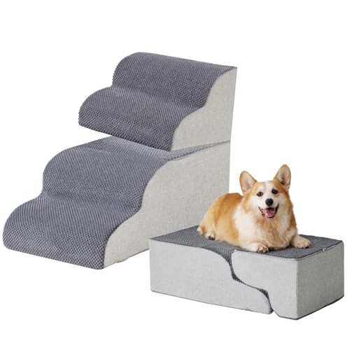 Koreal Dog Stairs Ramp for High Beds and Couch, 4 Steps 50cm Height Curved Dog Steps for Small Dogs and Cats, Pet Stairs Non-Slip Balanced Portable Pet Step Indoor