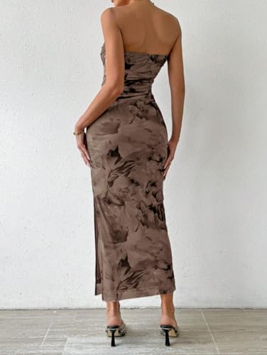 Image of LIGHT DOT Women's Summer Dress Printed Strapless Tube Bodycon Maxi Side Slit Mesh Layered