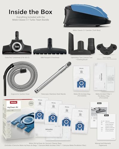 Image of Miele Classic C1 Turbo Team Bagged Canister Vacuum, Tech Blue - Portable, Household w /TurboTeQ Turbohead + Parquet-3 Floorhead Bundle - Includes 4 GN FilterBags + AirClean Filter and Pre-Motor Filter