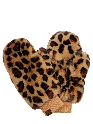 C.C Women's Faux Fur Wrist Length Fingerless Sherpa Lined Convertible Mittens Gloves-Leopard Print, Latte