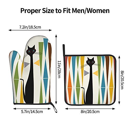 Jekydosd Print Mid-Century Modern Art Cat Oven Mitts And Pot Holders Sets Resistant Hot Pads With Polyester Non-Slip Gloves For Kitchen,Cooking,Baking,Grilling #TOP2