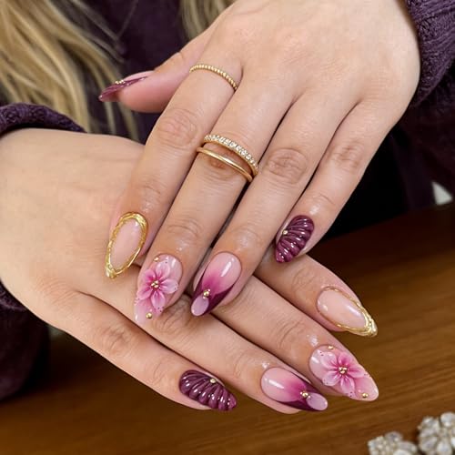 Flower Press on Nails Short Almond Purple Spring Fake Nails with Designs Gold Line, FVLAYA Cute Floral Acrylic Nails Glossy Full Cover Natural Reusable Glue on Nails for Women Gift 24PCS