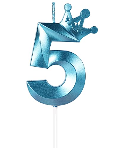Yiran Candele di compleanno, 8cm 3Dcon corona candela di compleanno, Candele in blu, Candele di compleanno per torta, Candele per torte, decorazioni per feste (Numero 5)