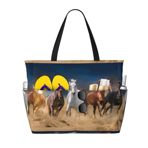 Horses Running Free Print Large Beach Tote Bag for Women Extra Large Capacity Sandproof Waterproof Pool Bag Suitable for Swimming Pool Gym Groceries Travel