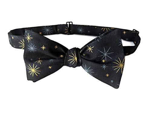 Mens Self-Tie Bow Tie Black and Grey with Gold Metallic Stars2