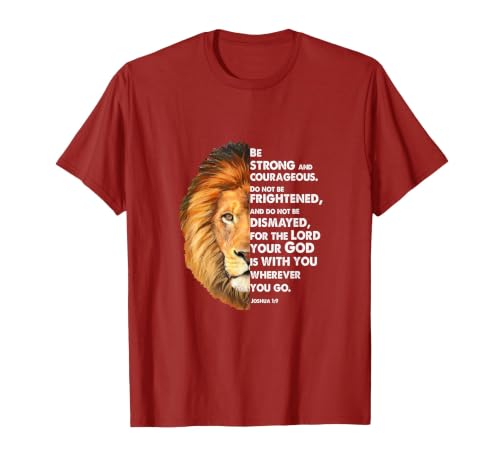 Joshua 1:9 Be a Strong and Brave Lion Christian T-Shirt, Men, Cranberry Red, Large