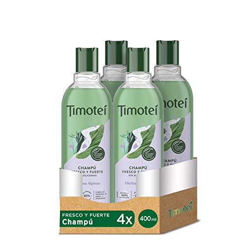Timotei Shampoo fresco e forte para cabelos fracos e apagado, com extrato de ervas alpinas com produtos de limpeza de origem vegetal, 95% ingredientes de origem natural e sem silicones, 400 ml x 4