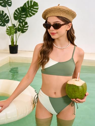 Image of Girls Swimsuits Bikini Set 2 Pieces Color Block Bikini with Adjustable Shoulder Strap Girls Bathing Suit 7-16Y
