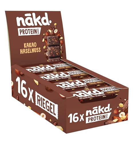 Nākd. Protein Kakao Haselnuss | Protein-Riegel | 7g Pflanzliches Protein | 100% Natürliche Zutaten | Ohne Zuckerzusatz | Vegan | 16 x 45g | 720g