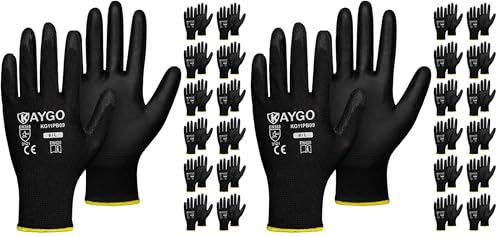 Image of KAYGO Safety Work Gloves PU Coated,12 Pairs KG11PB Seamless Knit Glove for Men and Women, with Smooth Grip on Palm and Fingers, Ideal for General Duty Work (Large, Black) (Pack of 2)